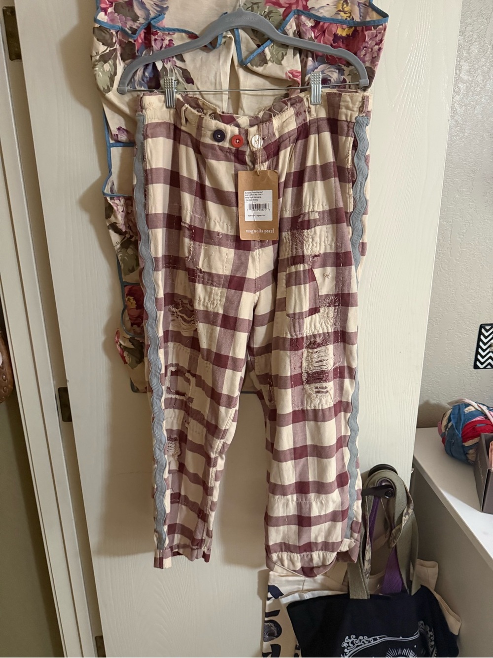Magnolia Pearl Cream and Burgundy Plaid Pants with Multi-Button Detail
